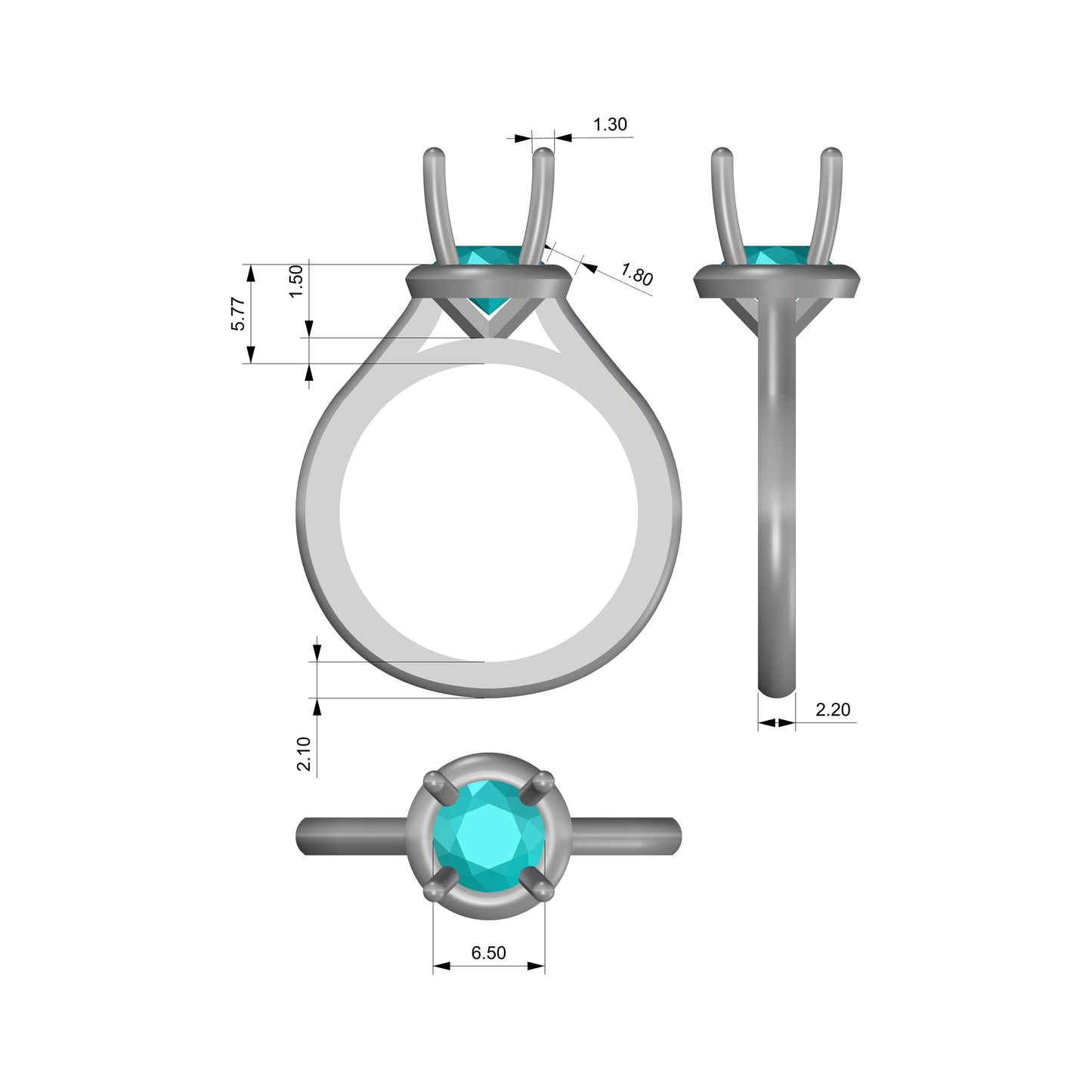 Ring Halo engagement ring model with shoulders for 6.5mm round gem center with 1.8mm wide halo and 2.2mm wide shank size 7 US