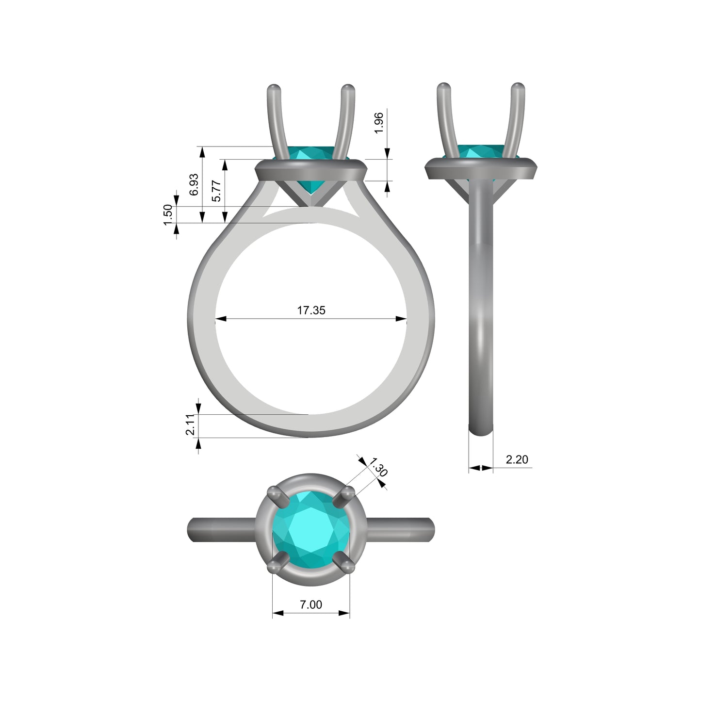 Ring Halo engagement ring model with shoulders for a 7mm round gem center with 1.8mm wide metal halo, 2.2mm wide shank finger size 7 US