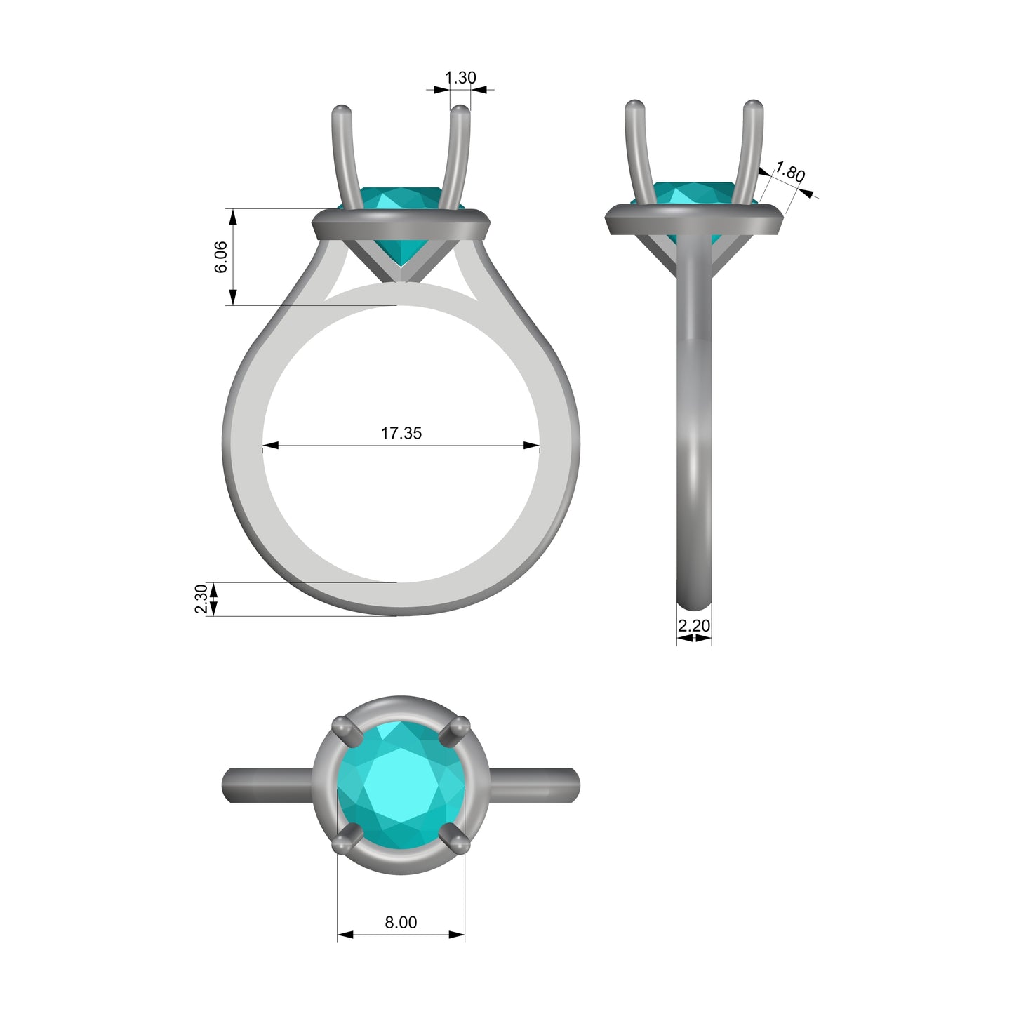 Ring Halo engagement ring model with shoulders 8mm round center 1.8mm halo, 2.2mm wide shank sz7