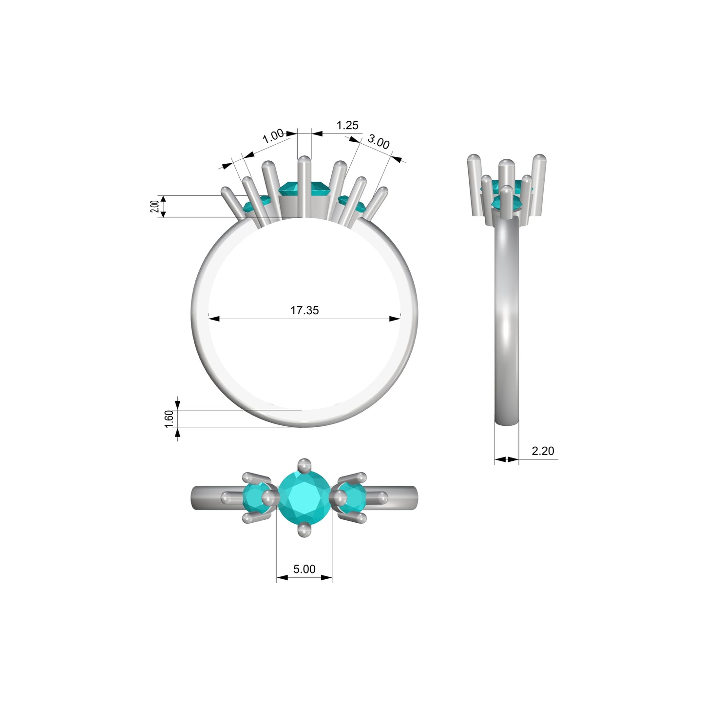 Ring 3 stone compass ring model setting for engagement or fashion ring  set low 5mm center and 3mm side stones finger size 7 US .70ct tw