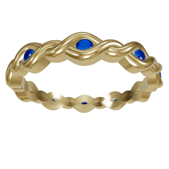 Woven Band Pictured with 1.5mm blue round gemstones in yellow gold